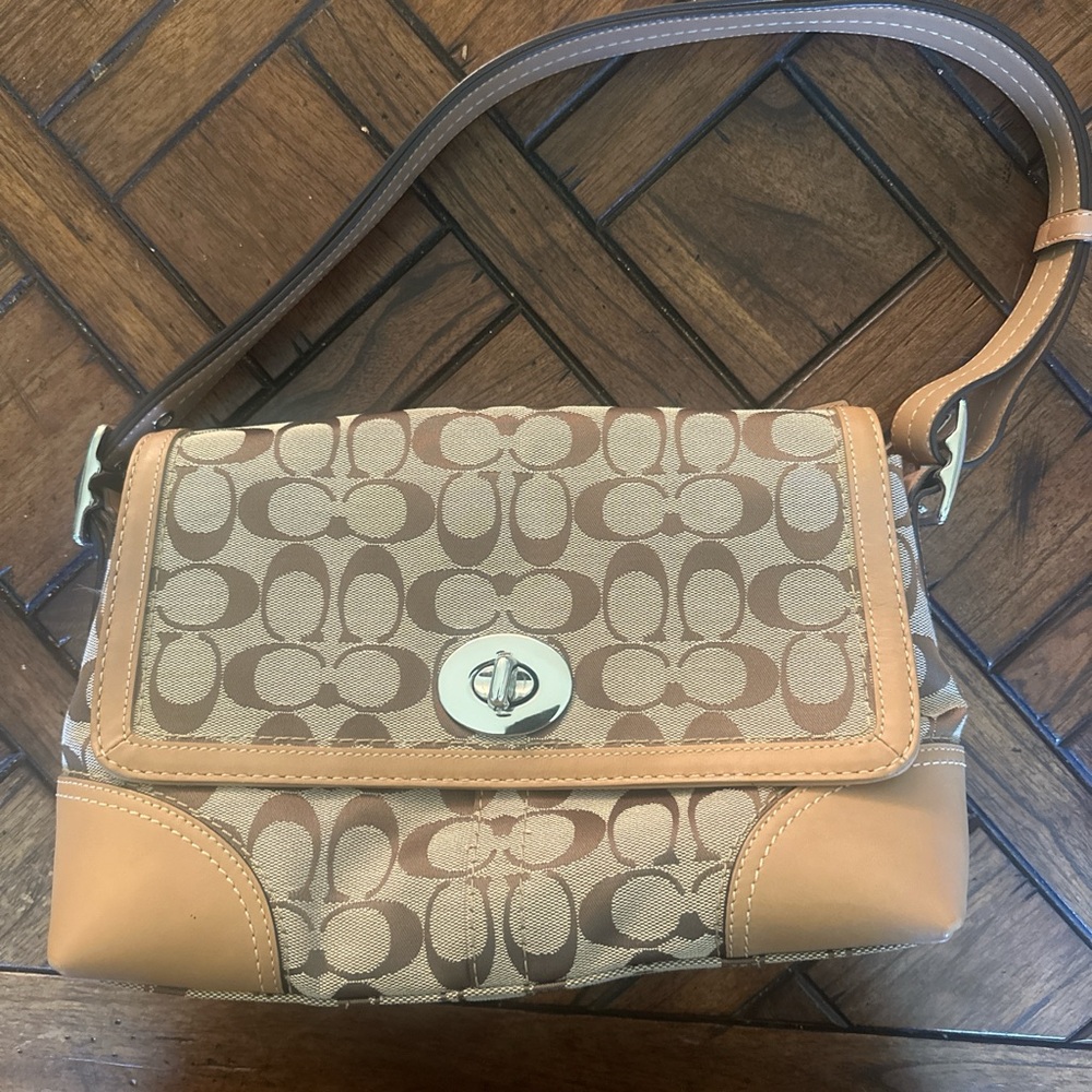 Coach Hampton Tan and Brown Monogram Shoulder Bag